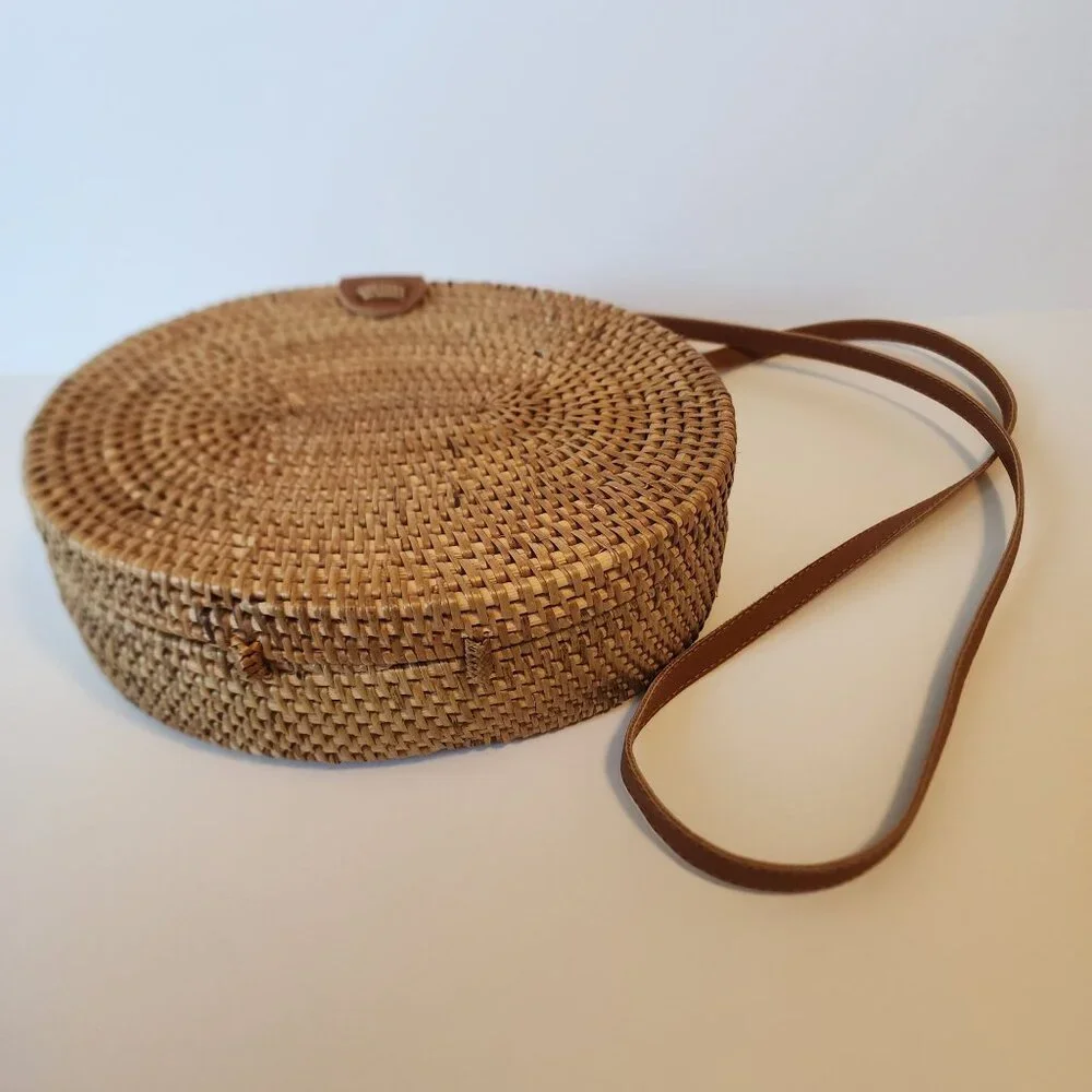 Woven Rattan Round Crossbody Bag With Leather Strap & Floral Lining - Picture 11 of 11